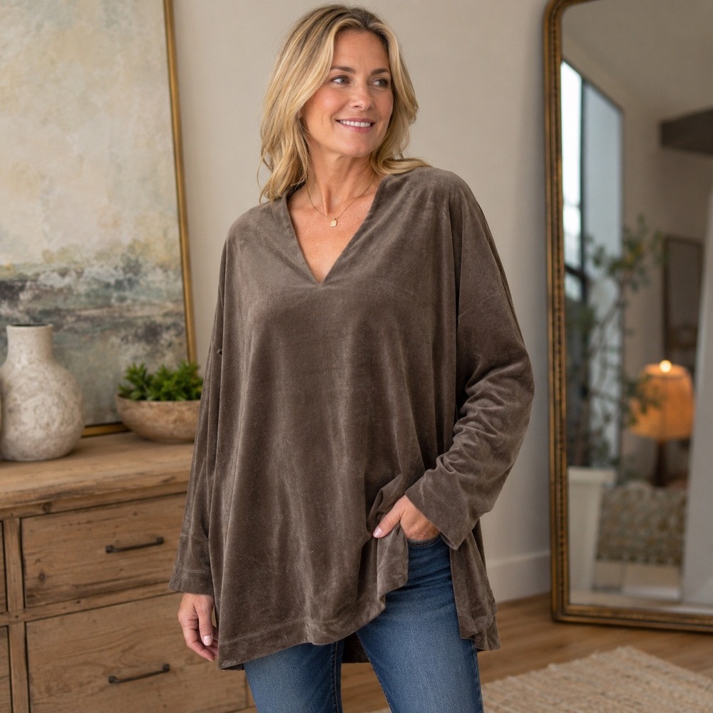 Pure Jill J. Jill Brown Oversized Velvet V-Neck Tunic Top XL Long Sleeve Stretch